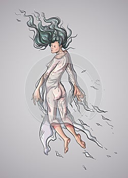 Ghost girl with curly hair levitates in the air. The concept of lightness and airiness.